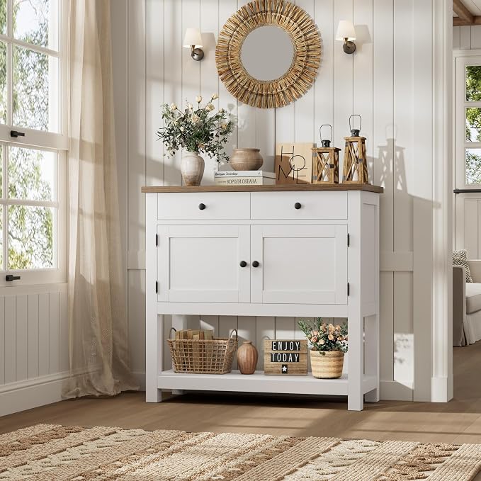 HOSTACK Farmhouse Console Table with 2-Door Cabinet & 2 Drawers, Coffee Bar, Entryway Table with Storage Shelf, Sofa Tables Buffet Sideboard for Kitchen, Hallway, Dining, Living Room, White