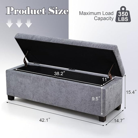 Asense Storage Ottoman Bench,42 inch Upholstered End of Bed Bench,Safety Hinge Storage Bench for Living Room,Bedroom,Entryway (42" Cotton-Linen Grey)