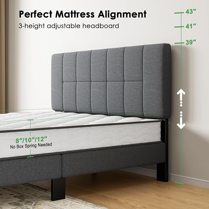 Marsail Full Size Bed Frame with Headboard, Sturdy and Durable with 12 Support Legs, 1300 lbs Capacity, Solid Wooden Upholstered Adjustable Headboard for 6"-12" Mattresses, Easy Assembly,Dark Gray
