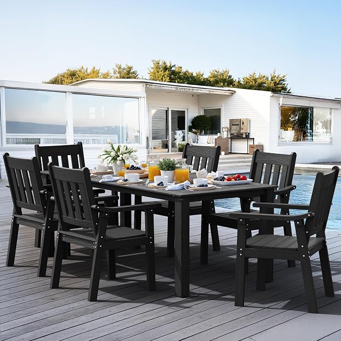YEFU HIPS Patio Table Set: 7 Piece Outdoor Table and Chairs Patio Furniture Set with Umbrella Hole - Black Modern Plastic Dining Sets 6 Person for Outside Deck with Metal Aluminum Frame