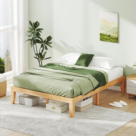 KOMFOTT 14 Inches Wood Platform Bed Frame Queen Size, Wooden Mattress Foundation with Rubber Wood Frame, Strong Wooden Slats Support, No Box Spring Needed, Bed Frame (Natural)