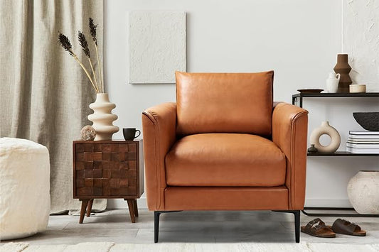 Valencia Jasper Cognac Tan Brown 34" Full Nappa Leather Accent Chair | Mid Century Single Leather Chair for Living Room Furniture | Plush Removable Cushions, Lounge Couch