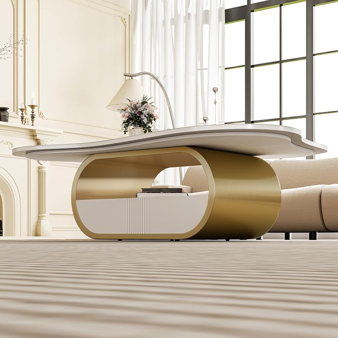 41.7 Inch Marble Coffee Table with Storage Drawer, Modern Butterfly Design, Sintered Stone Top and Gold Stainless Steel Base for Living Room, Scratch Resistant and Easy Assembly