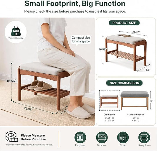 Solid Wood Shoe Bench Assembled, Shoe Rack Bench with Cushion for Entryway, Living Room, Bedroom, Hallway, 11.8" x 23.6" x 16.5", Walnut