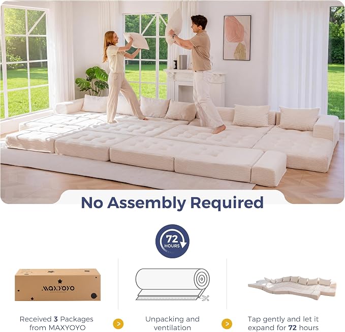 MAXYOYO Modular Sectional Sofa Couch, Foldable Oversized U Shaped Cloud Couch with Pillows, Tufted Boneless Lounger Floor Sofa Bed for Living Room, No Assembly Required, Beige