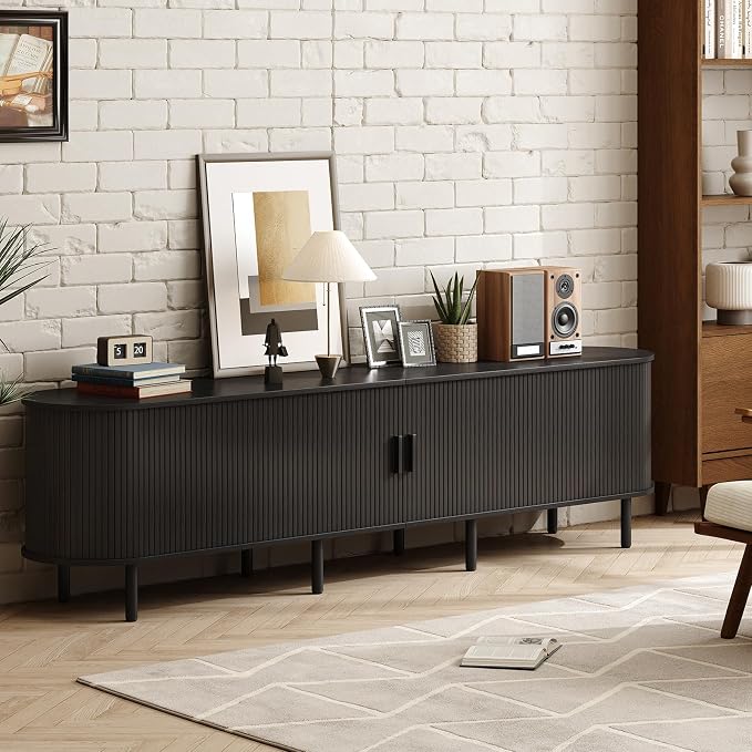 ONBRILL 86.6" TV Stand with Power Outlet for TVs up to 90 Inch, Entertainment Center with Storage and Adjustable Shelves, Modern Media Console with Sliding Doors for Living Room, Black