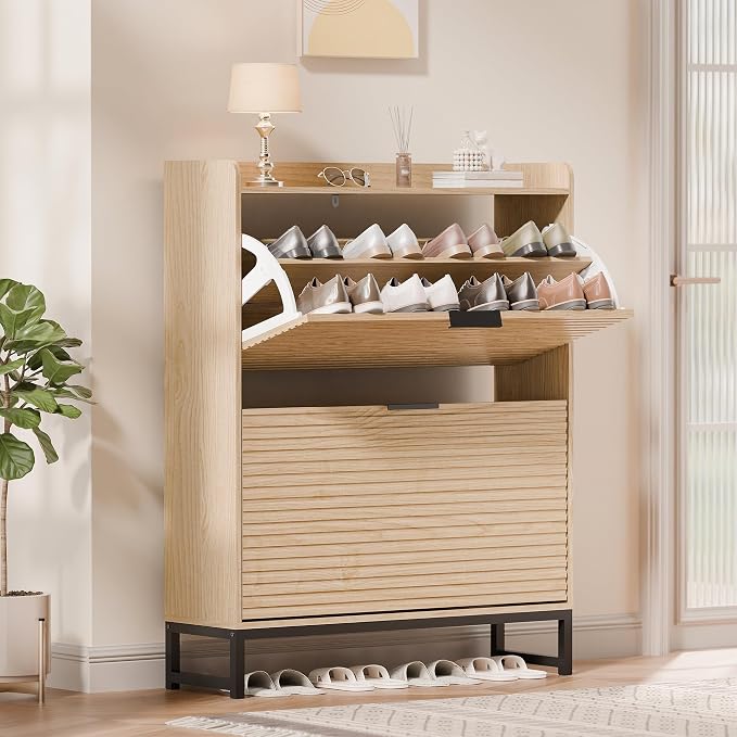 MU Shoe Storage Cabinet with 2 Flip Drawers, Freestanding Fluted Shoe Cabinet, Narrow Wood Shoe Cabinet, Hidden Shoe Organizer with Metal Legs for Entryway, Foyer, Hallway