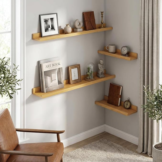 Axeman Picture Ledge Shelf | 40 Inch Floating Shelves Set of 4 | Oak Wall Shelves with Lip | Oak Picture Shelf for Wall with Ledge | Wood Photo Ledges for Living Room Bedroom