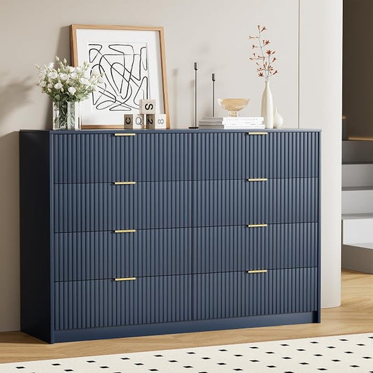 Furniway Navy Blue Dresser Bedroom Set 3 Pieces, Nightstands Sets of 2, 8 Drawer Dresser with Gold Handles for Bedroom