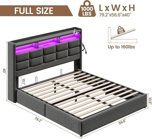 Driftalia Lift Up Full Size Bed Frame with Storage, Upholstered Full Bed Frame with LED Lights Headboard and Charging Station, No Box Spring Needed, Easy Assembly - Dark Grey