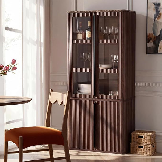 77" Tall Storage Cabinet - Fluted Pantry Cabinets with Glass Doors, Wooden Kitchen Food Cupboard, Adjustable Shelves, Modern Display Storage Closet for Living Room, Dining Room, Office, Brown 1pc