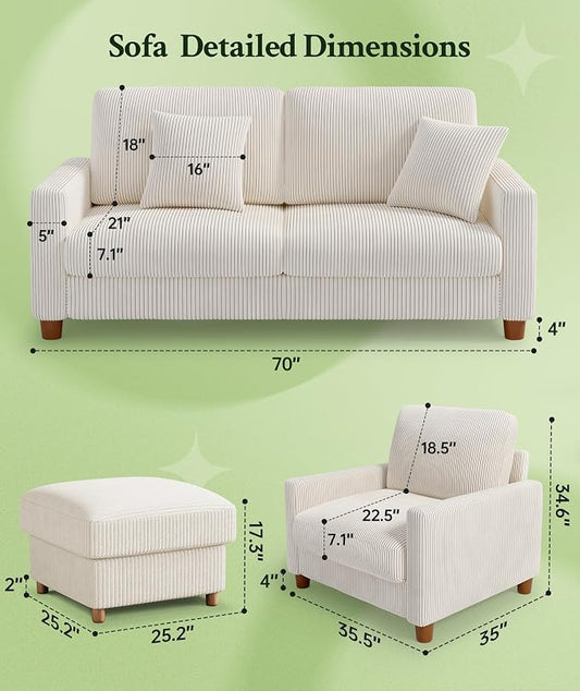 Welzona 70.2" Couches for Living Room, Comfy Sofa Set Tool-Free Setup, Corduroy Couch Set 7.1" Thicker Cushion, Accent Chair with Ottoman 848lbs Support, Sofas for Living Room Home Office, Beige