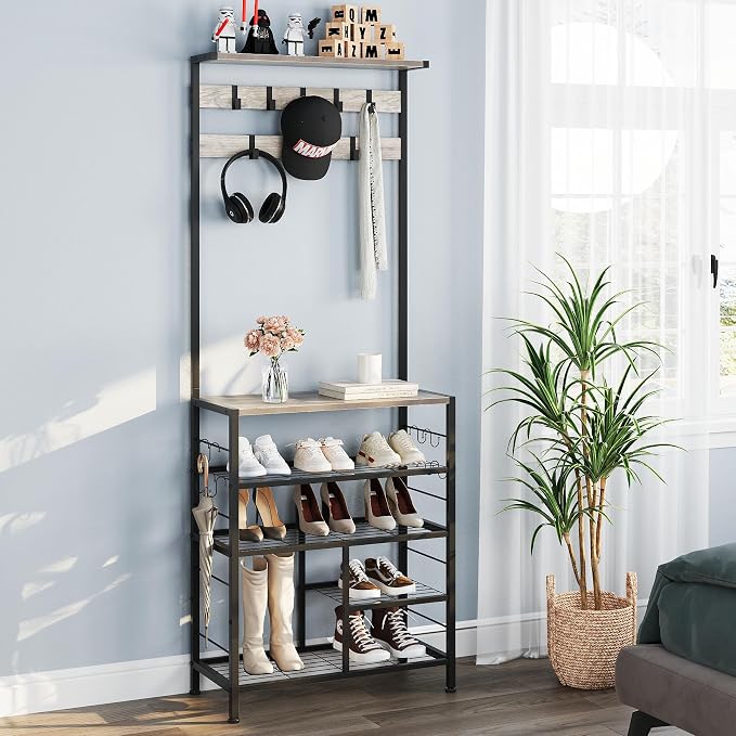 GiftGo Vintage Large 5-Tier Hall Tree with Console Table Entryway Coat Rack Floor Standing Shoes Rack Storage Shelf Organizer for Home Office Bedroom (Greige)