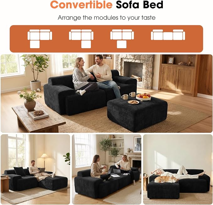 83.5" Boneless Loveseat with Ottoman, 30" Deep Seat Modular Sofa, Cloud Comfy Couches for Living Room, Apartment, Bedroom, No Assembly Required (Dark Gray)