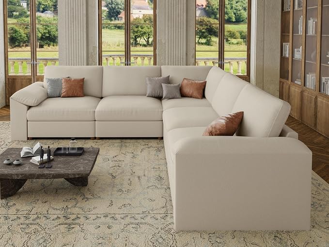 EASE MOOSE Oversized Modular Sectional Couch, Faux Leather Sectional Sofa with Deep Seat, Scratch Resistant Leather Couch Material, Extra Large L Shaped Couch, Beige