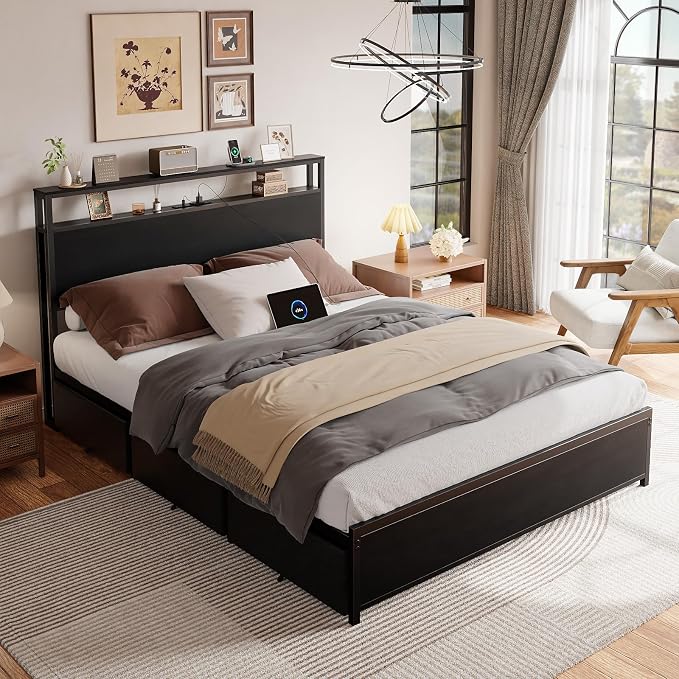 Forestell Full Size Bed Frame with Storage Headboard & 6 Drawers, Metal Platform Bed Frame with LED Lights & Charging Station, 2 Tier Shelf Storage Bedframe, No Box Spring Needed, Noise Free, Black