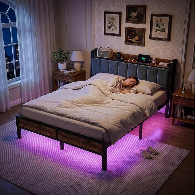 Liians Queen Size LED Bed Frame with Charging Headboard, Heavy Duty Metal Platform Bed with Storage Headboard, Noise Free, No Box Spring Needed
