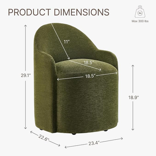 KISLOT Upholstered Dining Chairs with Casters, No Assembly Modern Dining Room Chairs Accent Vanity Chair with 5 Wheels & Round Backrest for Bedroom, Living Room, Dressing, Green Fabric, Set of 1