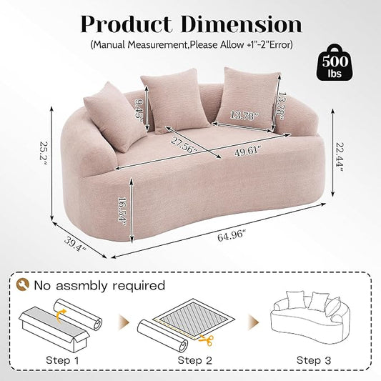 65" Curved Loveseat for Small Spaces,Boneless Loveseat Sofa,Wood Grain Chenille Fabric, No Installation Requirement, Curved Sofa Couch for Apartment,Living Room,Office (Apricot, 65")