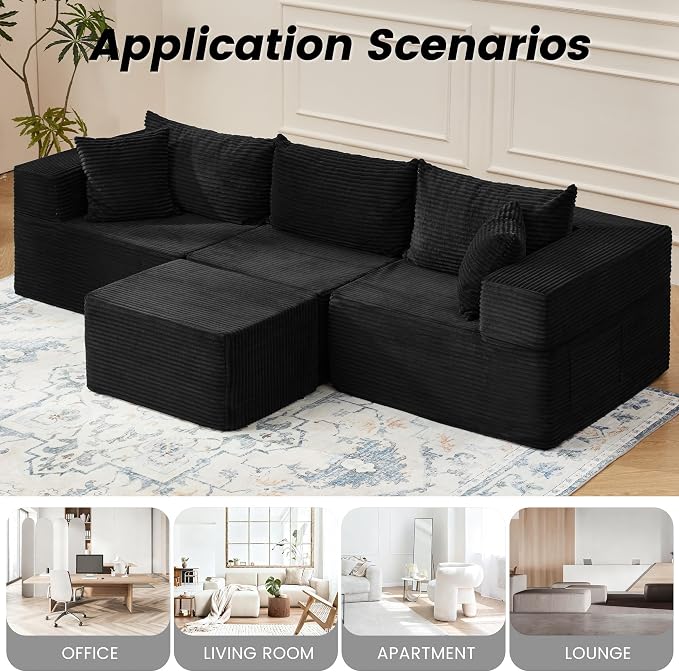HOMREST 102" Cloud Couch Sectional, L Shaped Modern Sofa with Ottoman, Comfy Corduroy Fabric Modular Sectional Sofa in a Box, Boneless Couches for Living Room, No Assembly Required (Black)