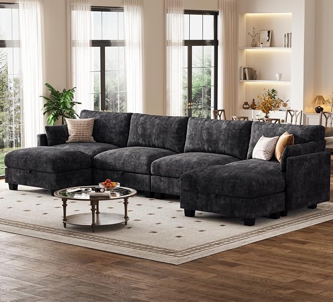 Modular Sectional U Shaped Sofa Couches for Living Room, Cloud Couch with Storage Ottoman, Comfy Chenille Sofa with Pillow, Black