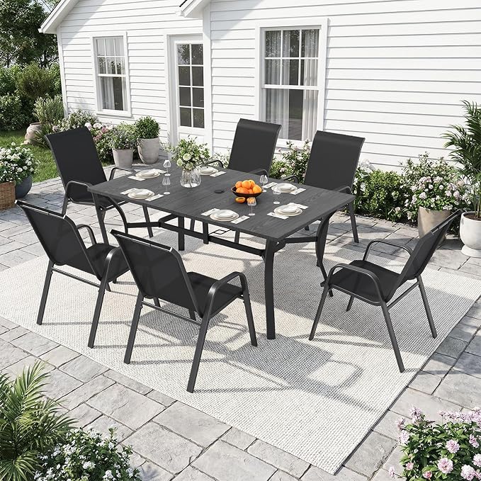 Outdoor Dining Set for 4,5pcs Patio Table and Chairs Set with Adjustable Umbrella Hole,37.8”x37.8” Square Metal Outdoor Table and Stackable Patio Chair for Yard, Garden, Porch