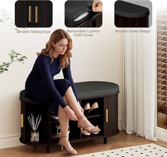 DHH 2-Tier Storage Bench,Wide Shoe Bench with Thickened Padded Seat Cushion, Mid Century Modern Fluted Sliding Door and Adjustable Shelf, for Entryway, Living Room, Bedroom (Dark Walnut, 35.4“)