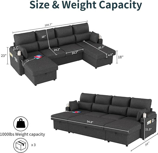 L-Shaped Sectional Sofa with Storage, Reversible Sleeper Sofa Couch with Chaise, Soft Fabric Upholstered Modular Couch with Cup Holder & Side Pockets, 1000lbs Capacity for Living Room