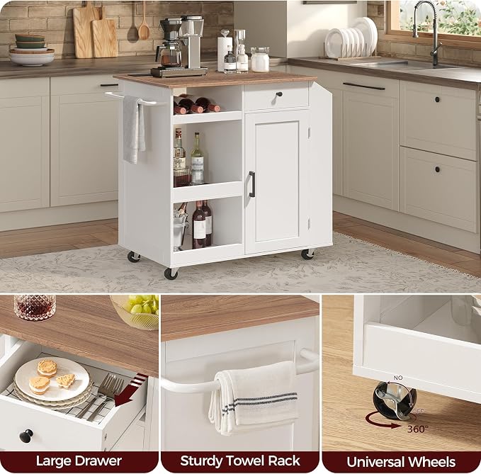 MAHANCRIS Kitchen Island with Power Outlet, Kitchen Storage Island with Drawer, Rolling Kitchen Cart on Wheels, Spice Rack, Towel Rack, Wine Rack, for Dining Room, White and Walnut KIBZ122E01
