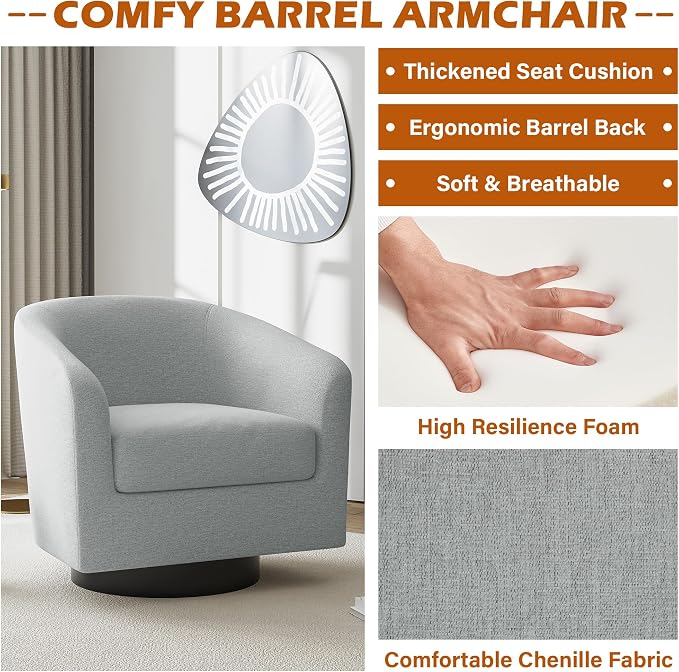 Swivel Accent Chairs Set of 4, Chenille Barrel Chair Upholstered Armchair for Living Room, Modern Round Arm Chair Small Single Sofa Bedroom Reading Seat - Light Gray