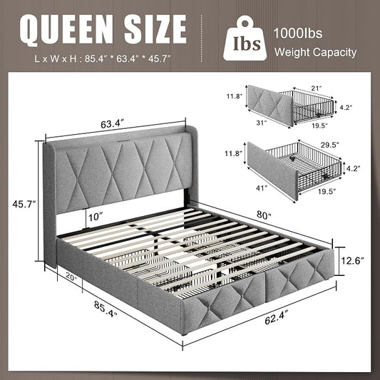 Einhomn Queen Bed Frame with 4 Storage Drawers and Charging Station, Upholstered Platform Bed Frame with Storage Headboard, No Box Spring Needed, Easy Assembly, Light Grey