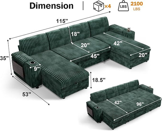 WEUP 108" Modular Sectional Sleeper Sofa with Pull Out Bed, 4 Seat Plush Corduroy U Shaped Couch with USB Ports|Cup Holders|Side Table|Storage Chaise Armrests, Tool Free Assembly, Green