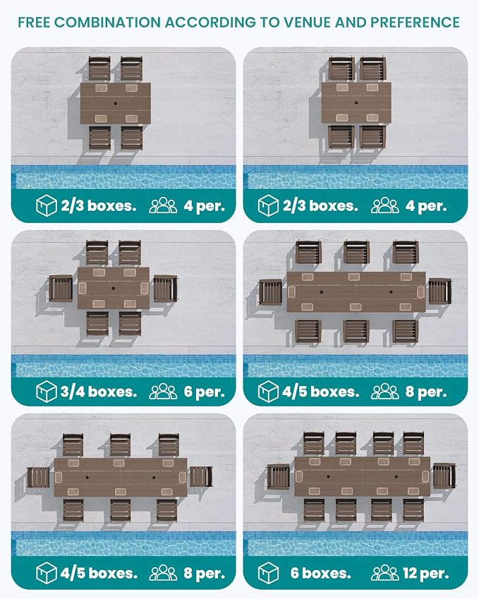 SERWALL HDPE Dining Set for 8: 2 Umbrella Hole Tables + 8 Chairs. for Garden, Backyard, Poolside. Coffee