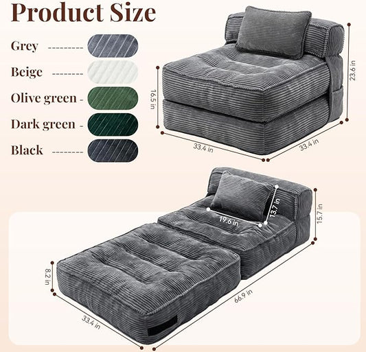 Folding Sofa Bed, Convertible Sleeper Chair with Pillow Foldable Mattress with Back Support, Portable Fold Out Chair Bed Comfy Floor Couch Lounge for Living Room Bedroom Apartment Single
