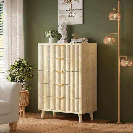 Lulive Modern Dresser and Nightstand Sets 3-Piece, 5-Drawer Dresser + 2 Nightstands Bedroom Sets with Solid Wood Legs (Natural Oak)