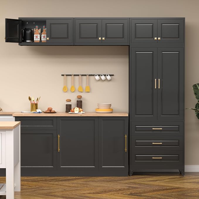 Polup Kitchen Pantry Cabinet, 90" Tall Cabinet with Three Drawers, Metal Food Pantry Cabinet and Shelves, Freestanding Cupboards for Dining, Living Room, Black,16" D x 32" W x 90" H, Assembly Required