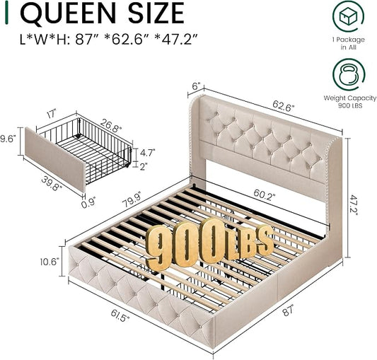 LARMACE Queen Size Bed Frame with 4 Storage Drawers and 47.2" Tall Tufted Headboard Linen Upholstered Platform Bed Frame Wingback Beds with Wooden Slats Support, Easy Assembly, Beige