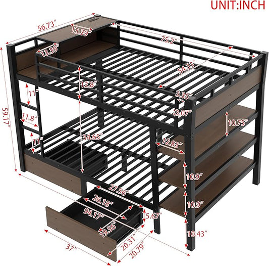Bellemave Bunk Bed Full Over Full,Metal Bunk beds with Storage Shelves, LED Light Strip, and USB Power Strip, Upper Bed with Desk, Black