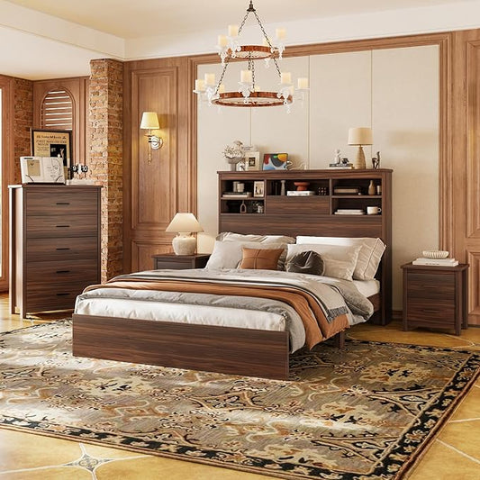 Walnut 4 Piece Bedroom Sets Queen Size, Vintage Rustic Bed Frame with Chest and 2 Nightstands, Wood Platform Beds with Storage Headboard and Charging Station