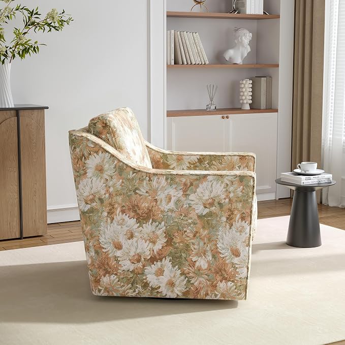 Swivel Accent Chair, 360° Swivel Upholstered Club Armchairs for Living Room, Comfy Fabric Single Sofa Reading Chair with Deep Seat, Metal Swivel Base, Sand Blooms