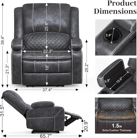 Yolsali Recliner Chairs for Adults, Oversize Manual Reclining Chair with 2-Tier Cushions, Dutch Velvet Recliner Chair with Hidden Storage Space, Living Room Recliner Chairs with Cup Holders - Grey