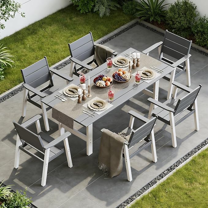 Outdoor Dining Set for 6, 7-Piece Patio Table and Chairs Set, HDPE Outdoor Dining Table and Chairs with Umbrella Hole, All-Weather Dining Furniture Set,White Grey