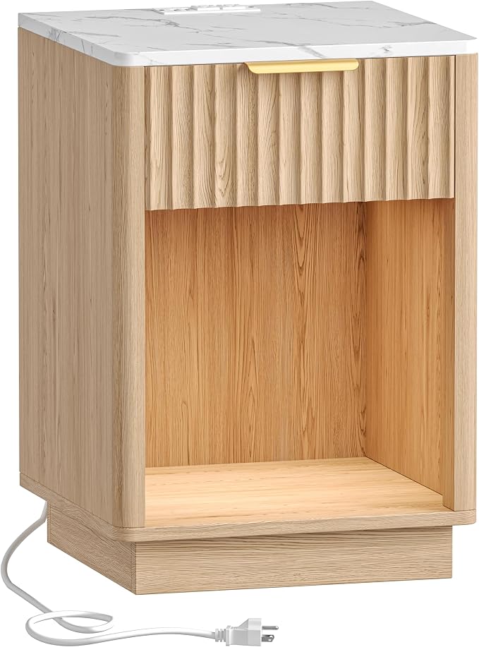 Akxomel Fluted Nightstand, Wooden Night Stand with Charging Station and LED Light, Modern Bedside Table with Drawer and Faux Marble Top, 15" D x 15.7" W x 22.6" H, for Bedroom, Natural Oak and White