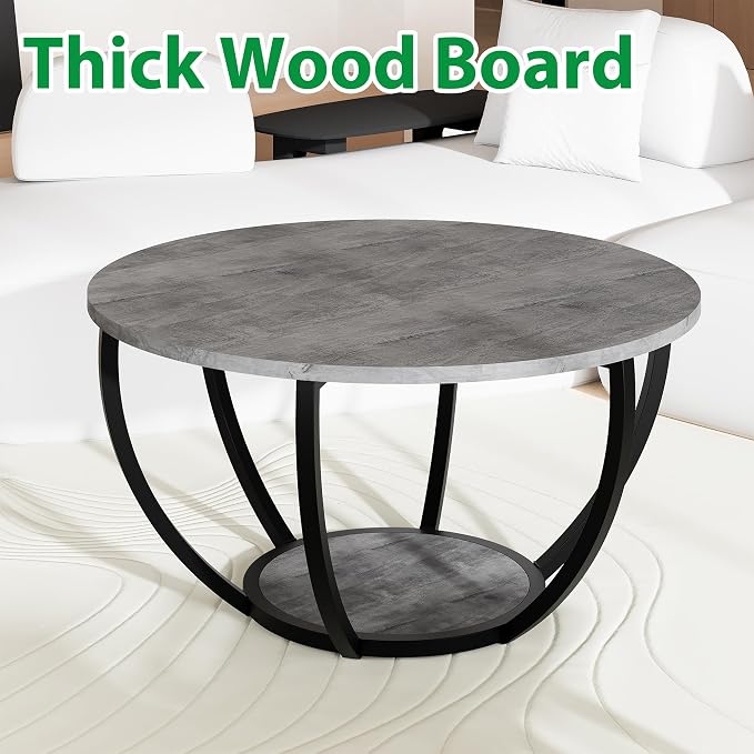 HOMERECOMMEND Round Coffee Table with Storage,2-Tier Wood Coffee Table for Living Room, Sofa Tables for Home Office,Grey