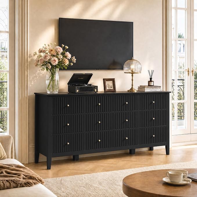 RoyalCraft Fluted Dresser for Bedroom with 9 Drawers, 59" Wide Painted Wooden Chest of Drawers, Modern TV Stand Storage Cabinet for Living Room, Hallway, Black