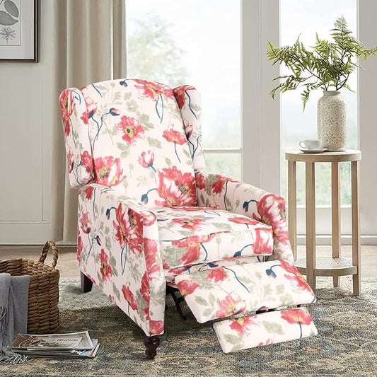 Upholstered Wingback Recliner Chair, Traditional Push Back Recliner Chair with Padded Seat, Fabric Floral Chair Wingback Recliner with Wooden Legs, Small Recliners for Small Spaces