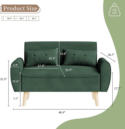 Vongrasig 47" Small Modern Loveseat Sofa, Mid Century Linen Fabric 2-Seat Sofa Couch Tufted Love Seat with Back Cushions and Tapered Legs for Living Room, Bedroom and Small Space (Green)