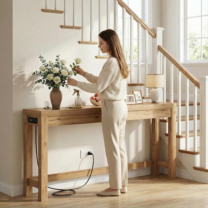 Cyclysio 63" Console Table with Charging Station, 13.8" Deep Farmhouse Sofa Table Behind Couch with 2 AC Outlets & 3 USB Ports, Long Entryway TV Console or Home Office Desk, Natural Oak