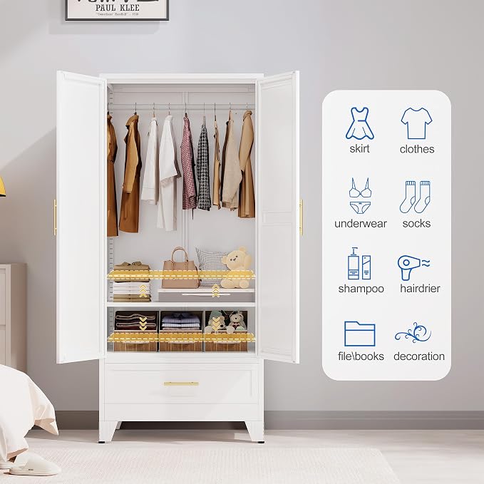 GAIOUS Steel Armoire WardrobeCloset with Mirror Door and Drawer 71" White | Household Wardrobe Cabinet with Hanging Rod, Metal Clothing Storage Cabinet with Adjustable Shelf for Bedroom, Cloak, Gym