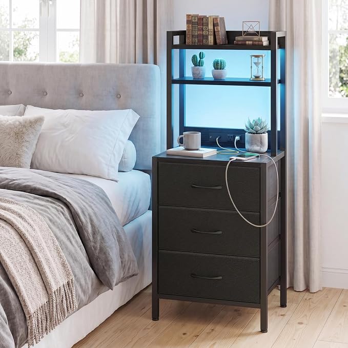 Fixwal 41 Inch Tall Nightstand with Charging Station, 3 Fabric Storage Drawers and Shelves, Led Night Stand with U-S-B Port & Socket, Bedroom Dorm Office, Bedside Table & Bookshelf in One, Black